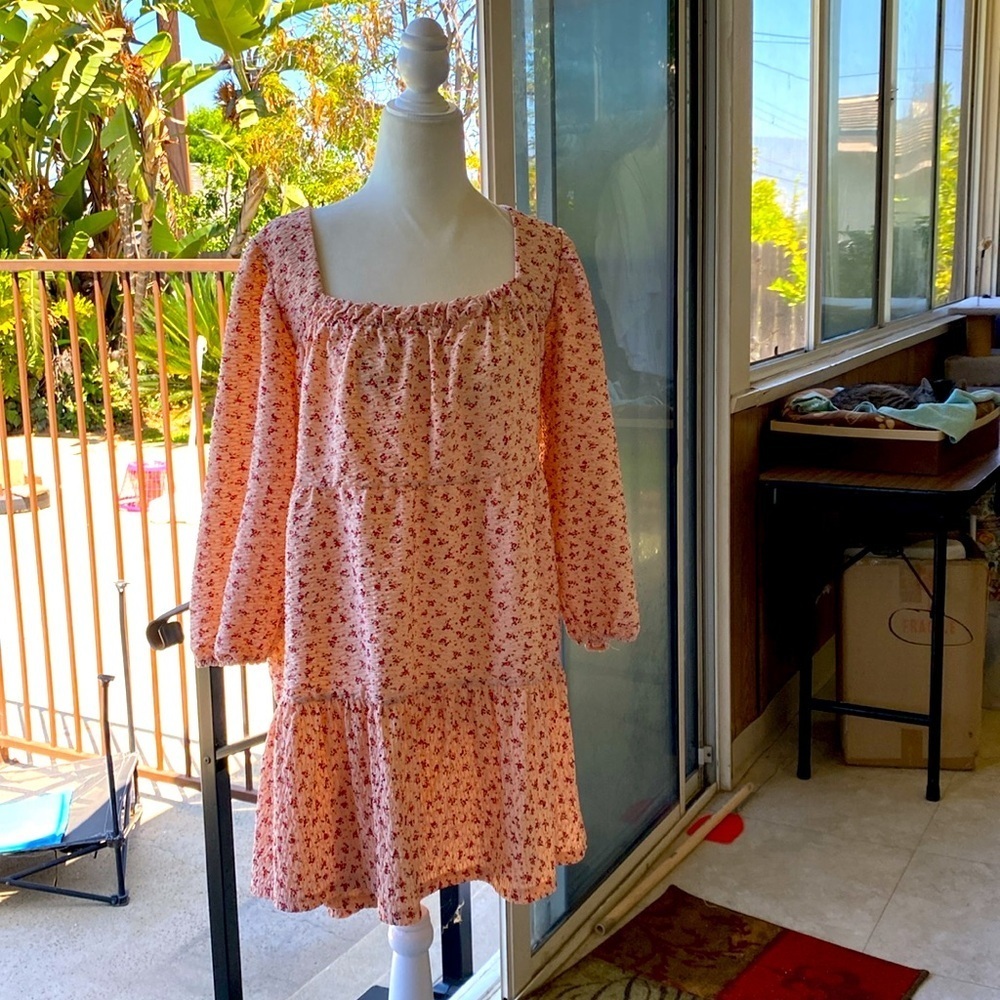 ASOS DESIGN Baby Doll Dress MINI Dress Pink Floral 3/4 Puffed Sleeves Si…